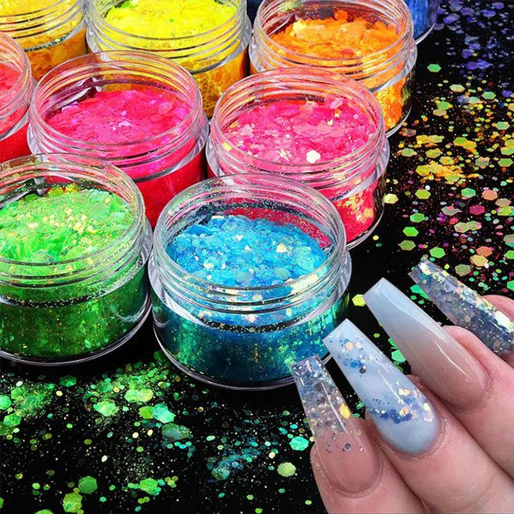 10g/Bottle Glitter Acrylic Powder Mixed Hexagon Chunky Sequins DIY  Extension Builder Carving Sculptured Powders Polymer Art Dust