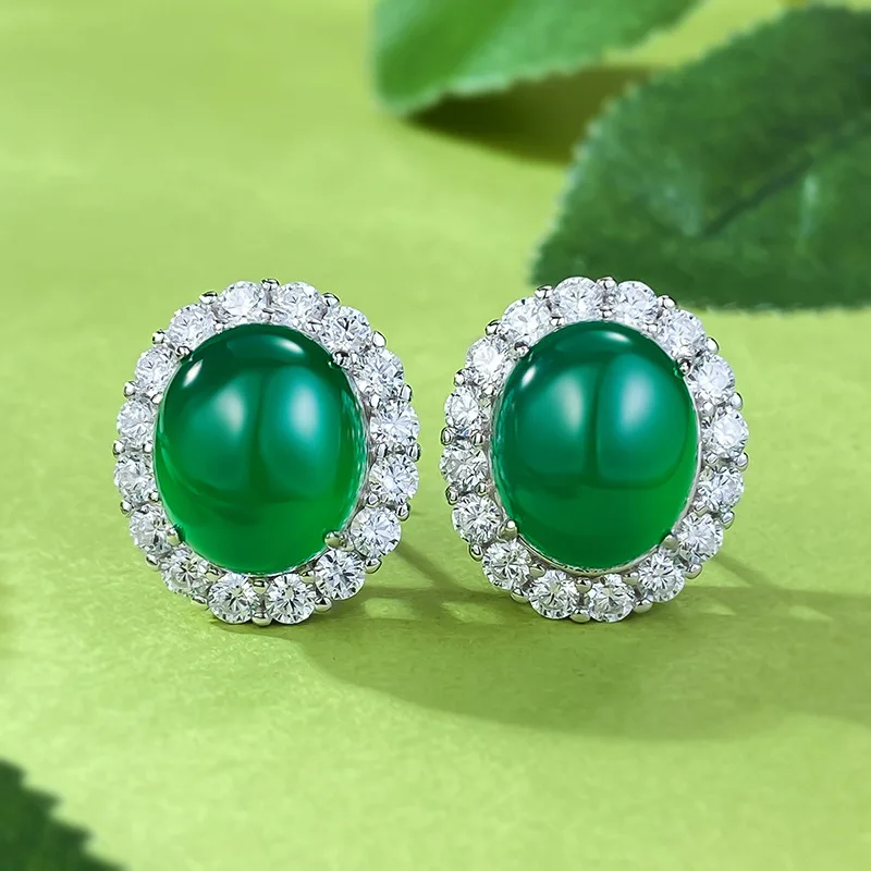 

2024 New 925 Silver Inlaid 10 * 12 Green Jade Marrow Earrings Rich Women's Luxury Set Classic Earrings