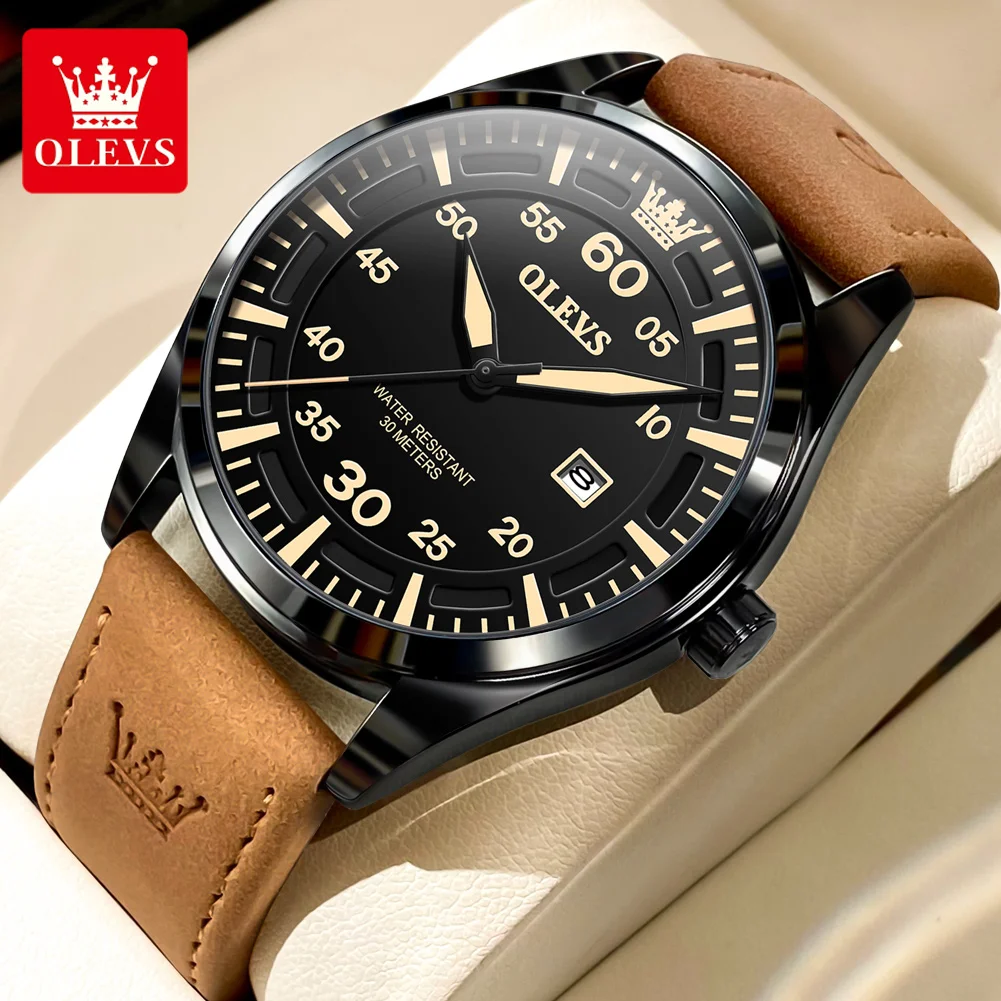 

OLEVS Mens Watches Top Brand Luxury Frosted Leather Strap Quartz Watch for Men Waterproof Calendar Wristwatch Relogio Masculino