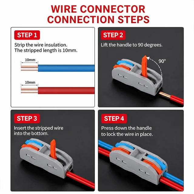 10PCS  PCT Quick Wire Push-in Connector 2 in 2 Out 2-Position Splice Terminal Block for Universal Electrical Cable Durable 2