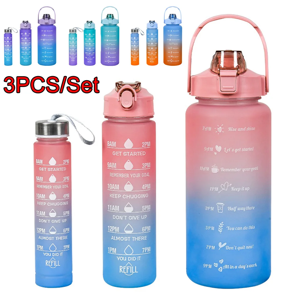 3PCS Motivational Water Bottle with Time Marker Portable Reusable for Sports