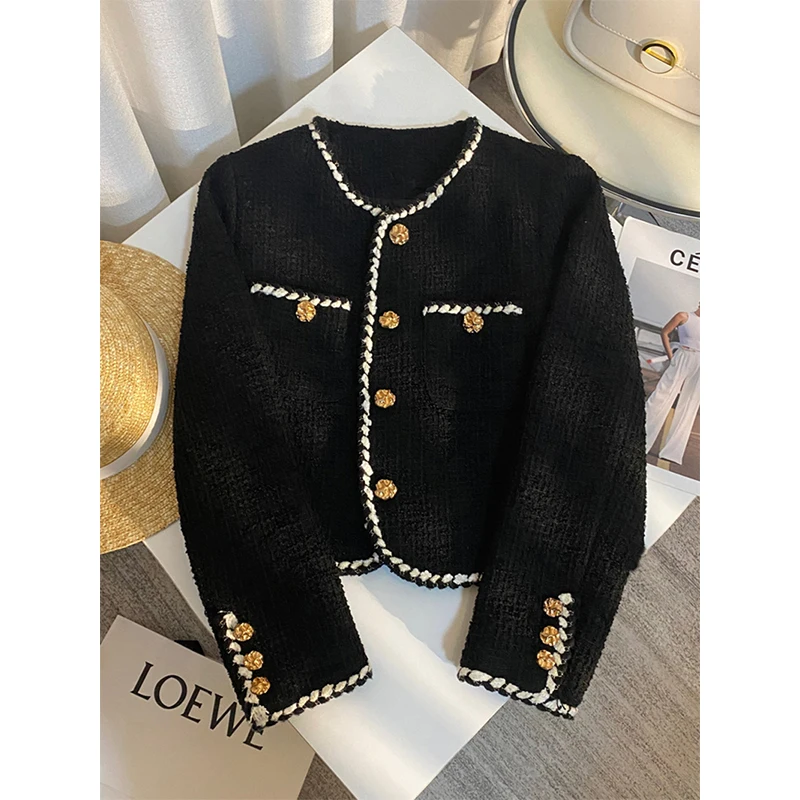 MEXZT Vintage Tweed Jacket Women Elegant Cropped Quilted Coat Commute Black Blazer Winter Ladies Korean Short Outerwear Tops New 2