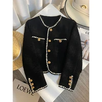 MEXZT Vintage Tweed Jacket Women Elegant Cropped Quilted Coat Commute Black Blazer Winter Ladies Korean Short Outerwear Tops New 2