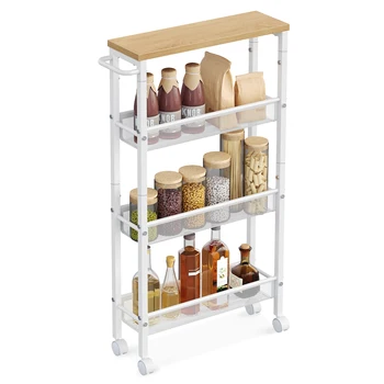 VASAGLE Slim Rolling Cart, 4-Tier Storage Cart, Narrow Cart with Handle, 5.1 Inches Deep, Metal Frame, for Kitchen, Dining Room 1
