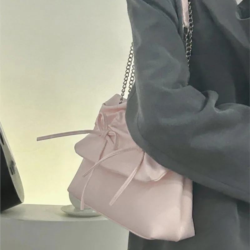 JIAERDI Sweet Cute Bow Tote Bag Women Elegant Ballet Style Gentle Pleated Shoulder Bag Ladies Chain Large Capacity Crossbody Bag