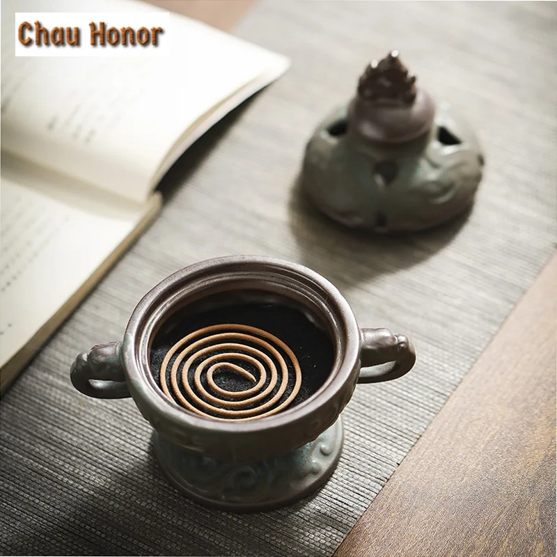 Antique Double Ear Bronze Pattern Ceramic Incense Burner Plate Art Sandalwood Furnace Zen Censer Burner Holder Home Decoration