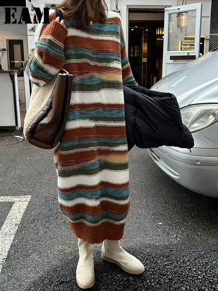 

[EAM] Women Striped Big Size Long Warm Knitting Sweater Dress New Turtleneck Long Sleeve Fashion Tide Spring Autumn 2024 1DH4079