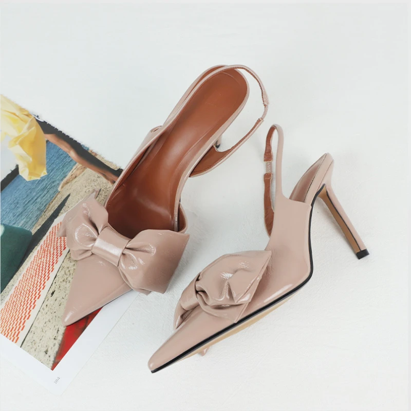 Women High Heels Bowknot High Heels Women Party Prom Shoes Patent Leather Stilettos Pointed Toe Summer Slingbacks Classic Design Ladies Sandals