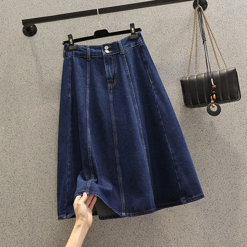 

L-4XL Denim A-line Skirt For Women 2023 Spring/Summer New Large Size Female High Waist Loose Fashion Mid- length Jean Skirt