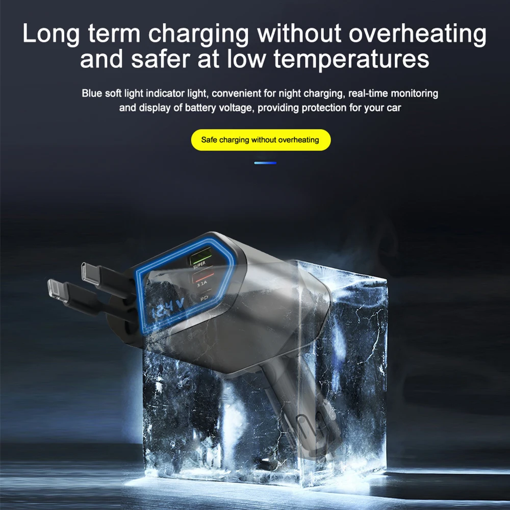 Adattatore di ricarica rapida 4 in 1 per auto da 120 W con cavo retrattile, porte USB di tipo C, caricabatterie per telefono per iPhone, Samsung, Huawei_voghion.com
