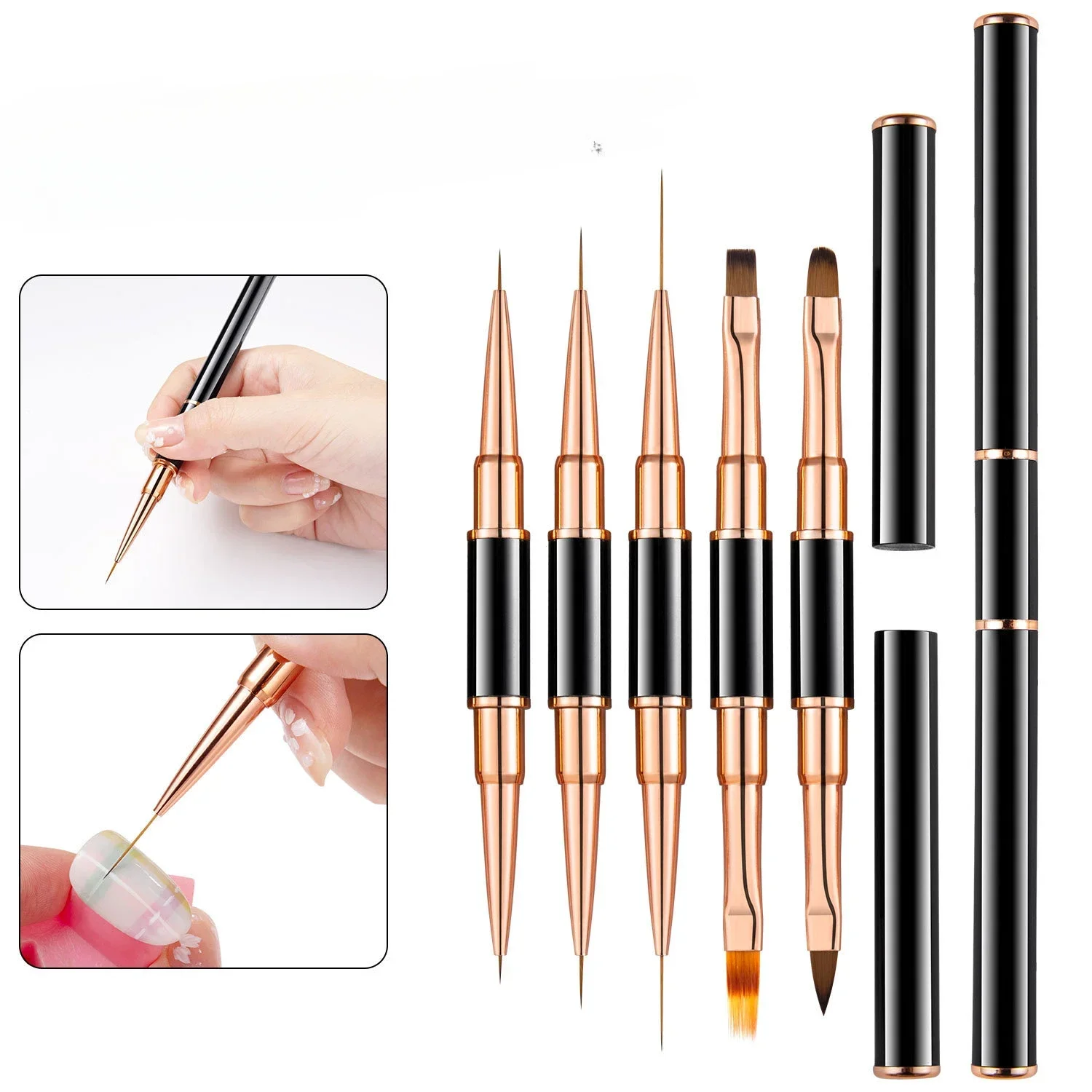 Professional Nail Art Brush Set 5pcs Double-Ended Nail Art Brushes For Long Lines, Thin Liner Brush For Nails Detail