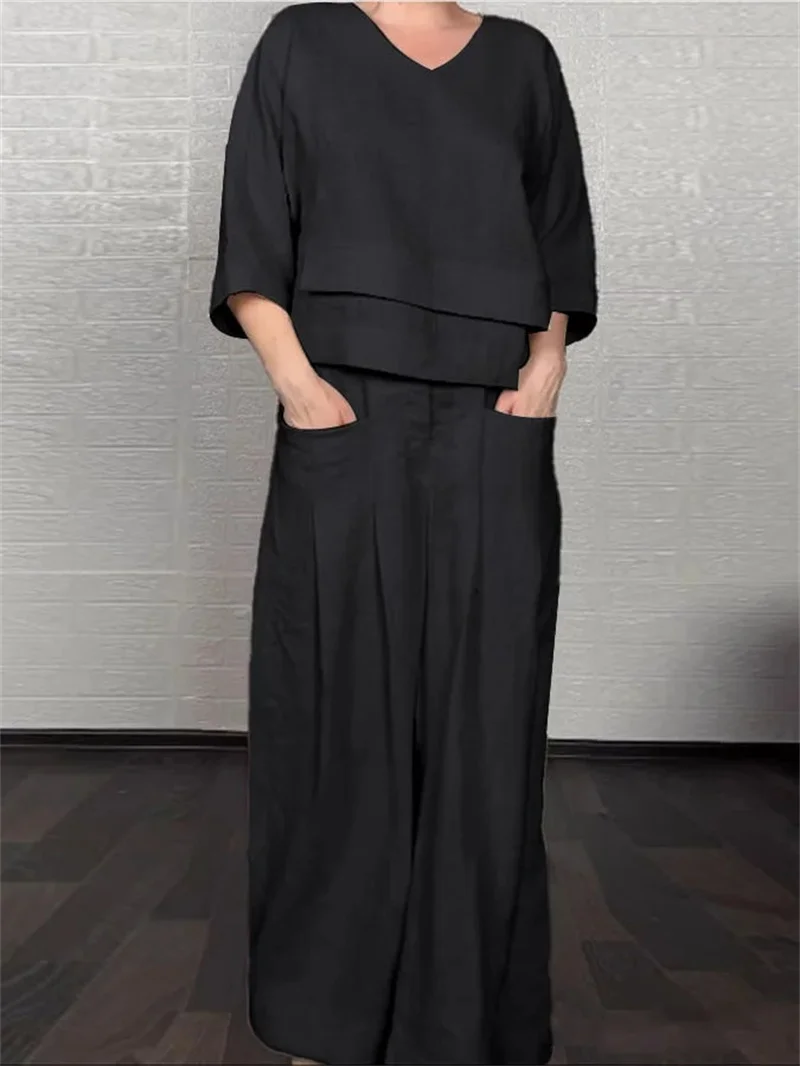 Lady Fashion Casual Loose Solid Suit Cotton Linen Set Three Quarter Sleeve Tops Wide Leg Pants Women Irregular 2 Piece Sets 2025