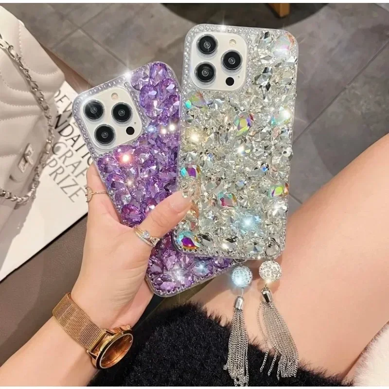 Luxury Glitter Purple Rhinestone Tassel Pendant Case, Cover for Samsung Galaxy A70S, A52, A71, A72, A73, A53, A33, A74, A54, A34