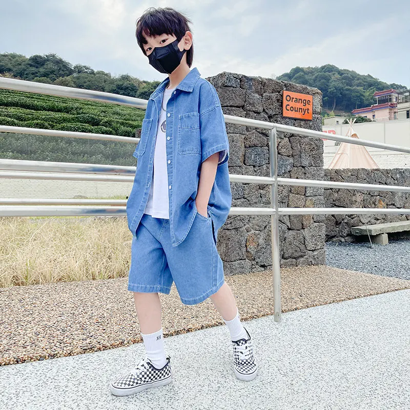 

Boys Denim Suit Summer Clothes New Children's Short Sleeve Loose Jacket + Shorts Sports Solid Color Korean Clothing Sets 5-14Yrs