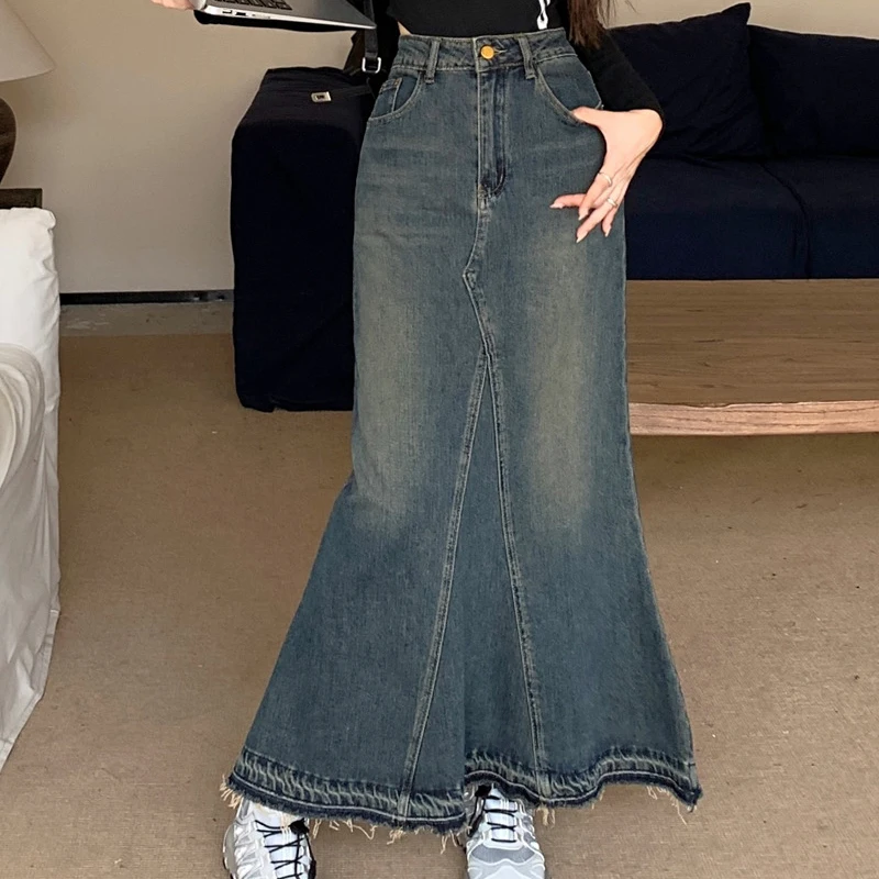 2023 New Design Sense Hairy Edge Spice Girl Fishtail Skirt Elastic Denim Mid-Length Skirt High-Waisted Women A-Line Skirt Y2k american vintage jeans women clothes raw edge design flared jeans patchwork autumn low rise washed denim fashion y2k pants