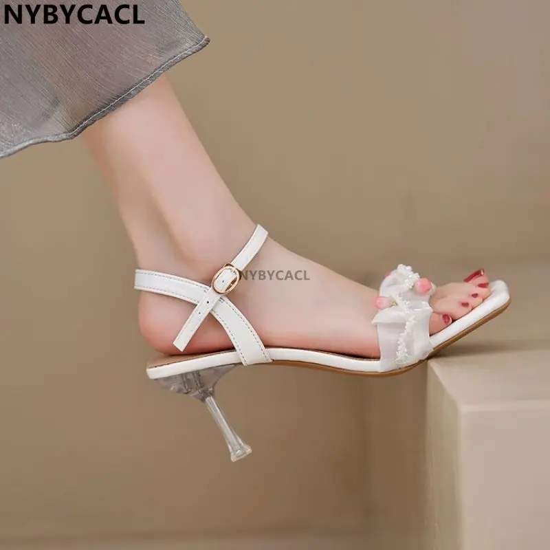 

Pearl Sandals Women Furry High Heels Ankle Sandals Woman Transparent Heels With Bud Stripper Heeled Sandal Women Evening New