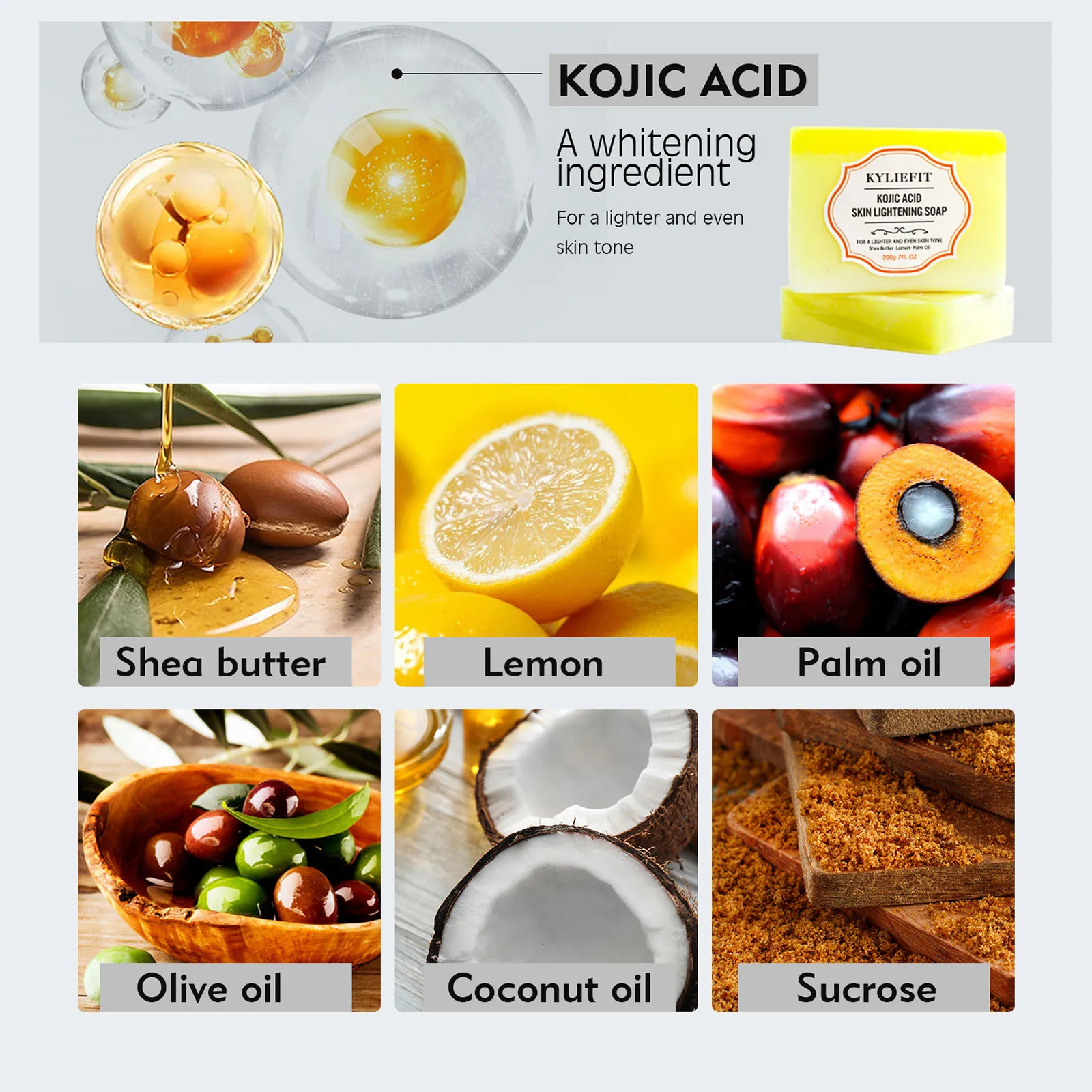 KYLIEFIT Brightening Soap Bar, Exfoliation, Clean, Smooth, Even Skin Tone, With Coconut Oil, Shea Butter, For Face, Body, 200g