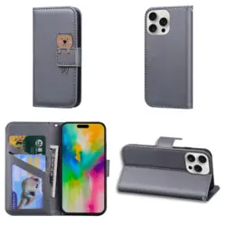 Magnetic Leather Wallet Case with Shockproof Cartoon Design and Flip Cover - iPhone 15 Plus (GY)