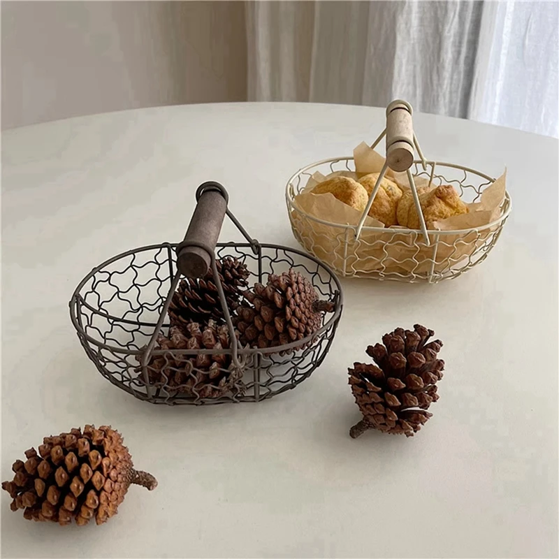 Metal Wire Basket with Wood Handle Decorative Serving Basket for Bread Food Fruit Egg Home Organizer Kitchen Storage Fruit Bins 5