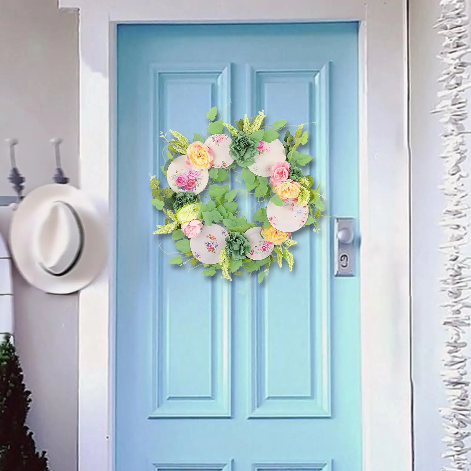 Spring Summer Wreath Green Leaves Floral Decorative Artificial Flower Wreath Garland for Festival Easter Window Holiday Wall