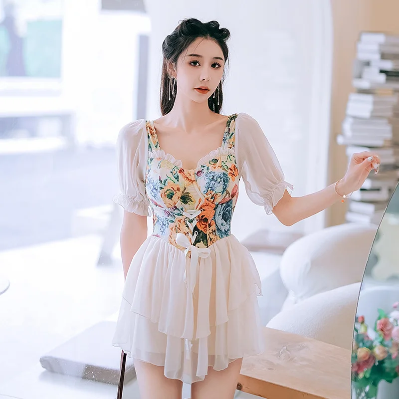 

wisuwore Swimwear Women's Plus Size Skirt Slim Covering Swimsuit Retro Flower Conservative One Piece Hot Spring Swimwear Holiday