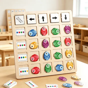 Gioco da Tavolo in Legno a Tema Pesca per Bambini, Giocattolo Educativo Montessori con Doppio Indizio e Abbinamento Logico, Materiale Ecologico, 3+ Anni
