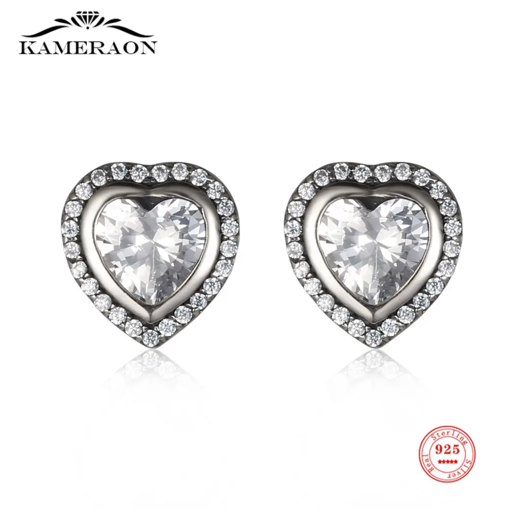 

100% 925 Sterling Silver Heart Earrings Luxury Female Rose Gold Color Jewelry for Women Shiny Diamond Vintage Wedding Jewelry