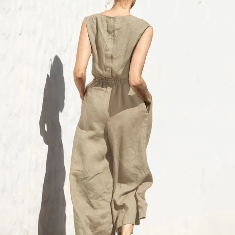 Casual O-Neck Cotton Linen Jumpsuit Overalls 2022 Summer Sexy Sleeveless Solid Romper Office Lady Wide Leg Loose Pant Playsuit