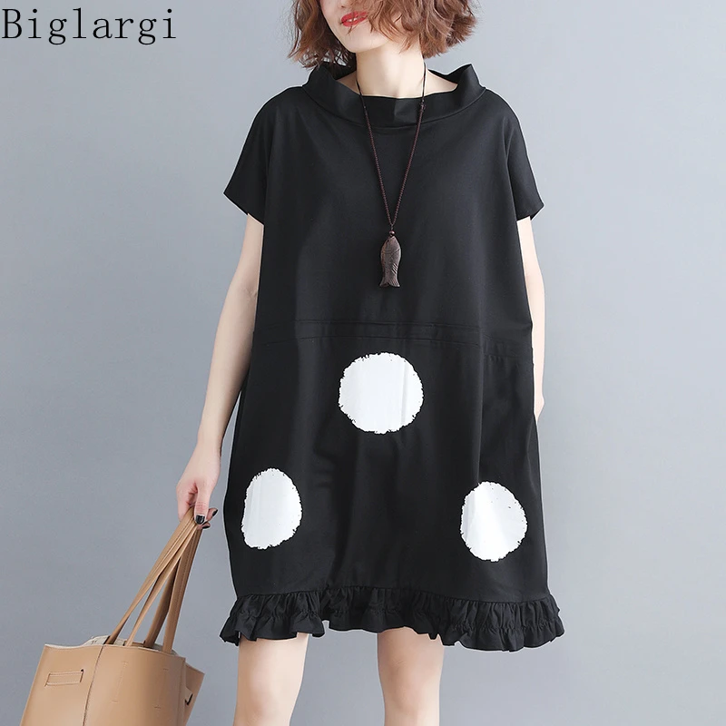 

Oversized Black Stand Collar Polka Dot Print Dress Women Summer Casual Loose Ladies Womens Cotton Medi Long Agaric Edge Dresses