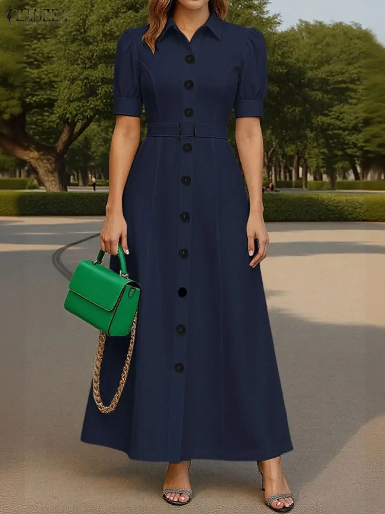 ZANZEA Elegant Party Long Dress With Belt 2025 Summer Women Solid Short Sleeve Maxi Vestidos Fashion Wedding Lapel Shirt Robe 2