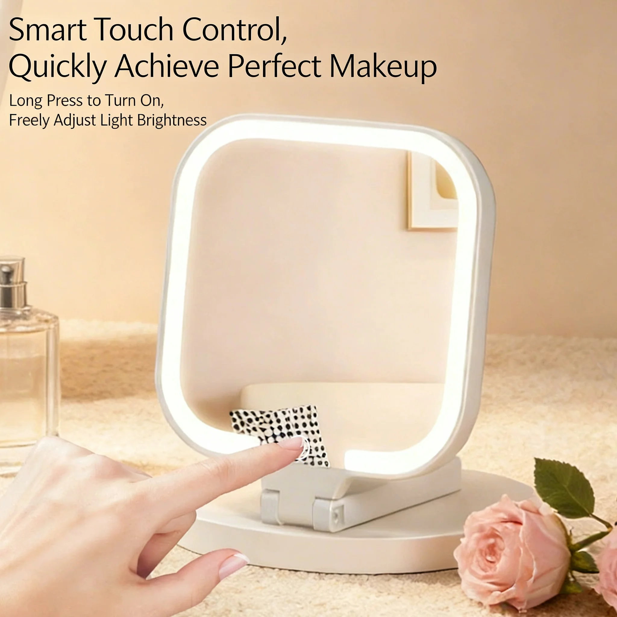 3색 조광 LED 화장 거울,180 °   접이식 터치 컨트롤, 충전식 휴대용 화장 거울 (핸드헬드, 테이블탑 및 여행용)