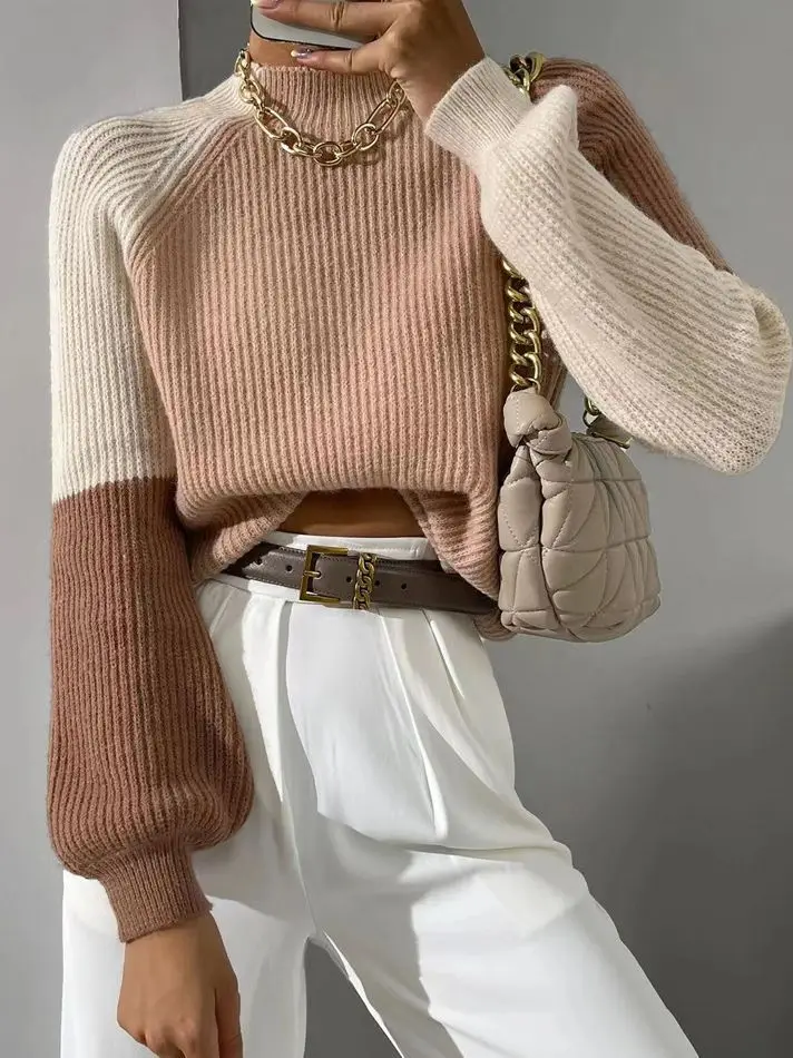 

2023 Autumn/Winter New Women's Patchwork Contrast Color Loose Fashion Pullover Sweater Casual Elegant Top Lantern Sleeves