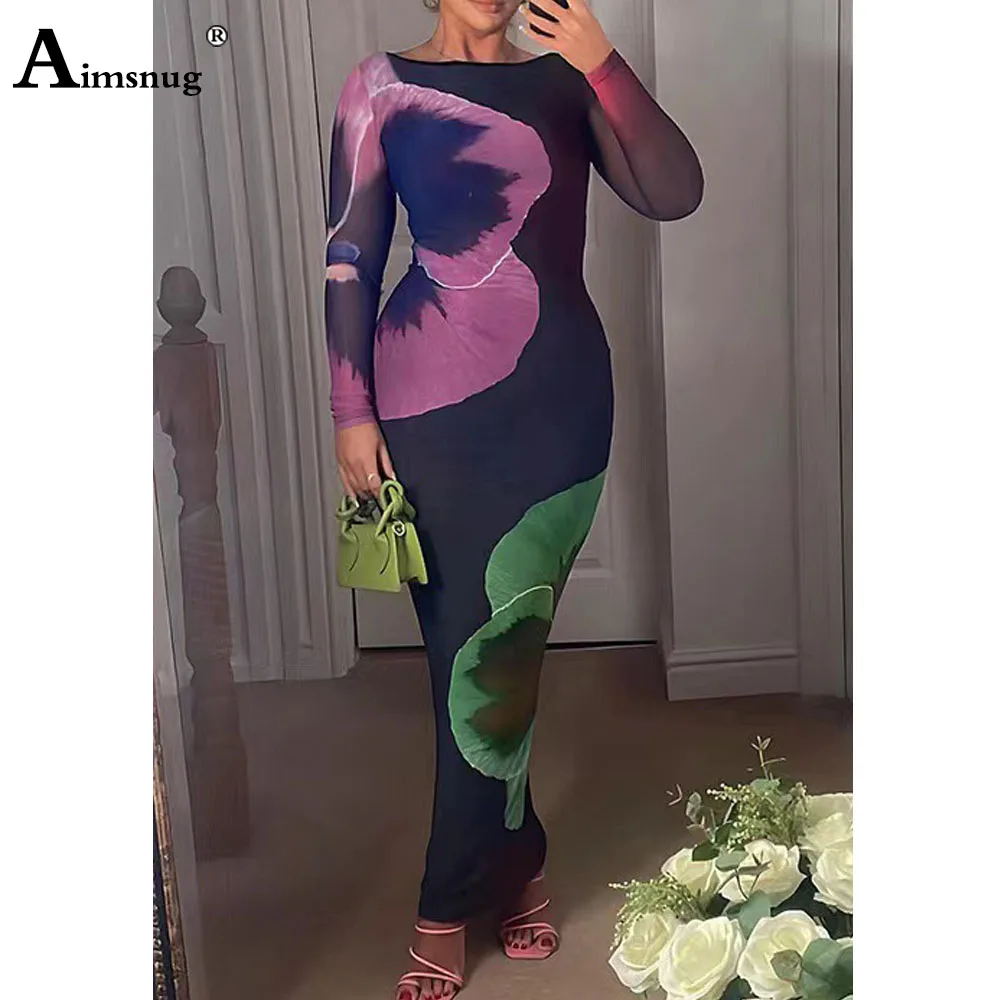 

Women Long Sleeve Boho 3D Print Dress Sexy Long Bodycon Slim Fit O-neck Befree Party Evening Dress Ladies Elegant Maxi Dresses