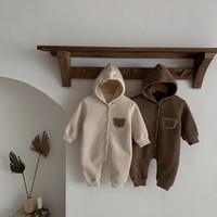 Winter  Newborn Baby Plush Bodysuit Button Jumpsuit Cartoon Bear Hoodies Boy Girl Romper Twins Clothes Korean version 1
