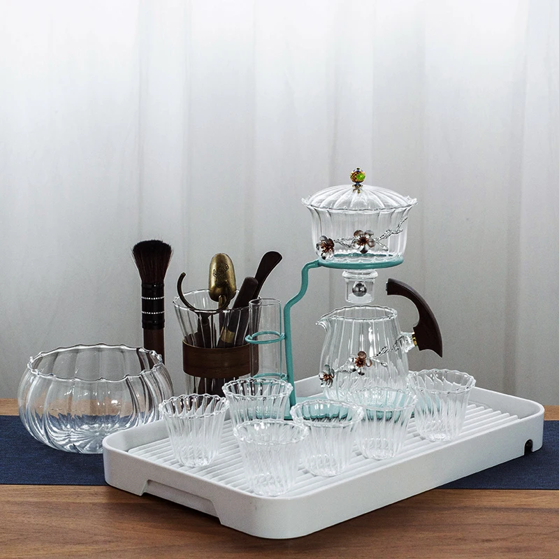 Creative flower arrangement Teapot Glass Lazy Automatic Tea Making Household Black Tea Set Infuser Drinking