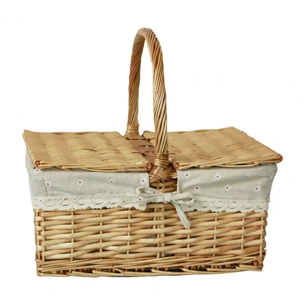 Cesta de mimbre con asas, cesta de almacenamiento de sauce tejida para  picnic, decoración, regalo, boda (encaje beige)