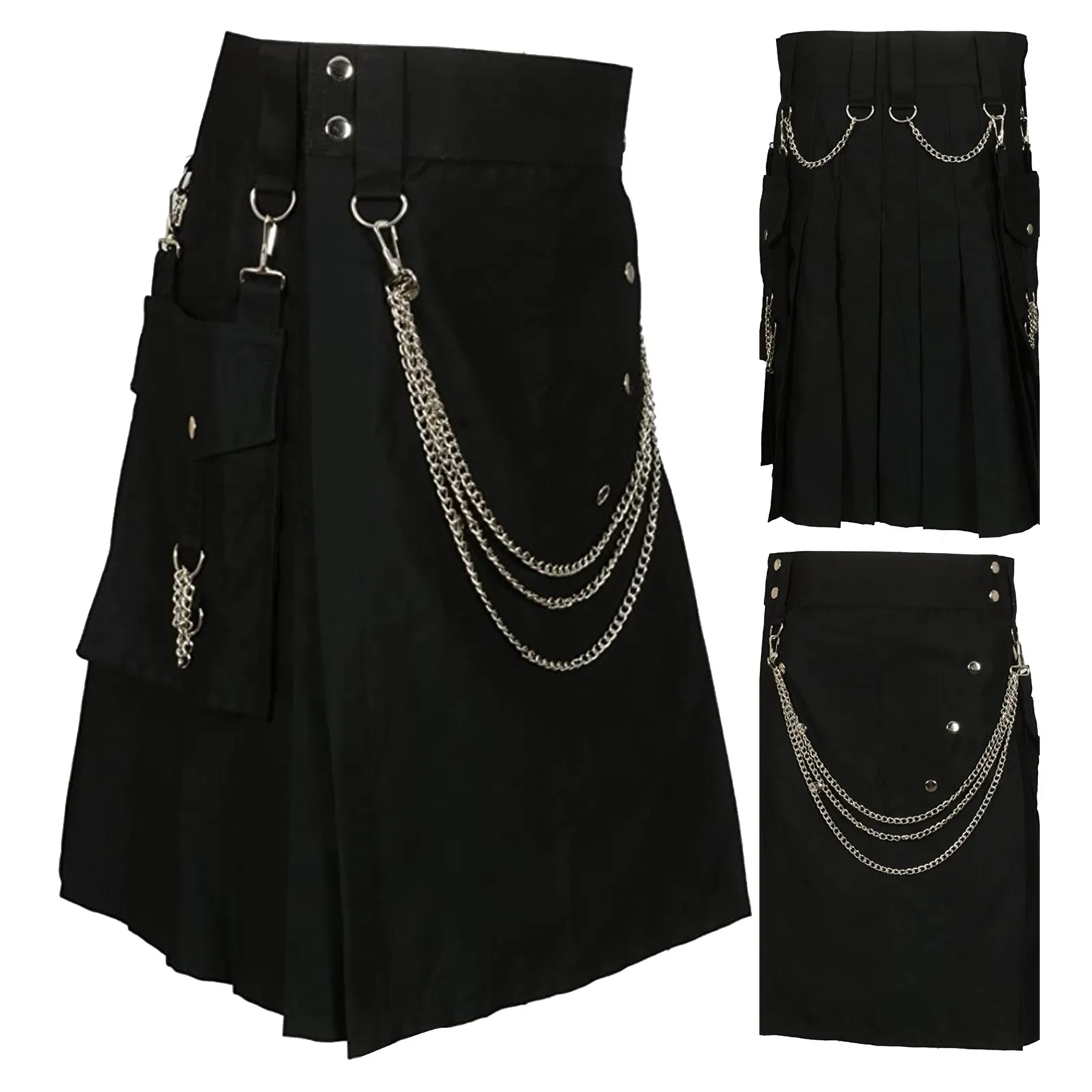 Men Pleated Skirt Fashion Cool Pocket Kilts Black Gothic Kilt Vintage Warrior Cargo Kilt Metal Belt Pleated Skirts Men Pleated Skirt