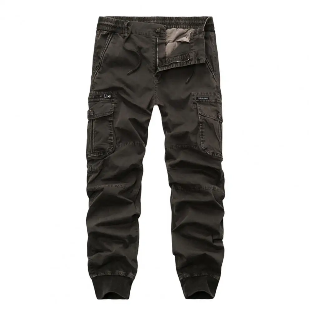 Men Cargo Pants Zipper Fly Multi Pockets Men Trousers Drawstring Elastic Waist Bottoms Ankle Tied Trousers For Working