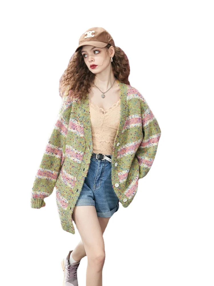 

New Loose and Idle Mid-Length Color Dot Stripes Sweater Cardigan Coat Women