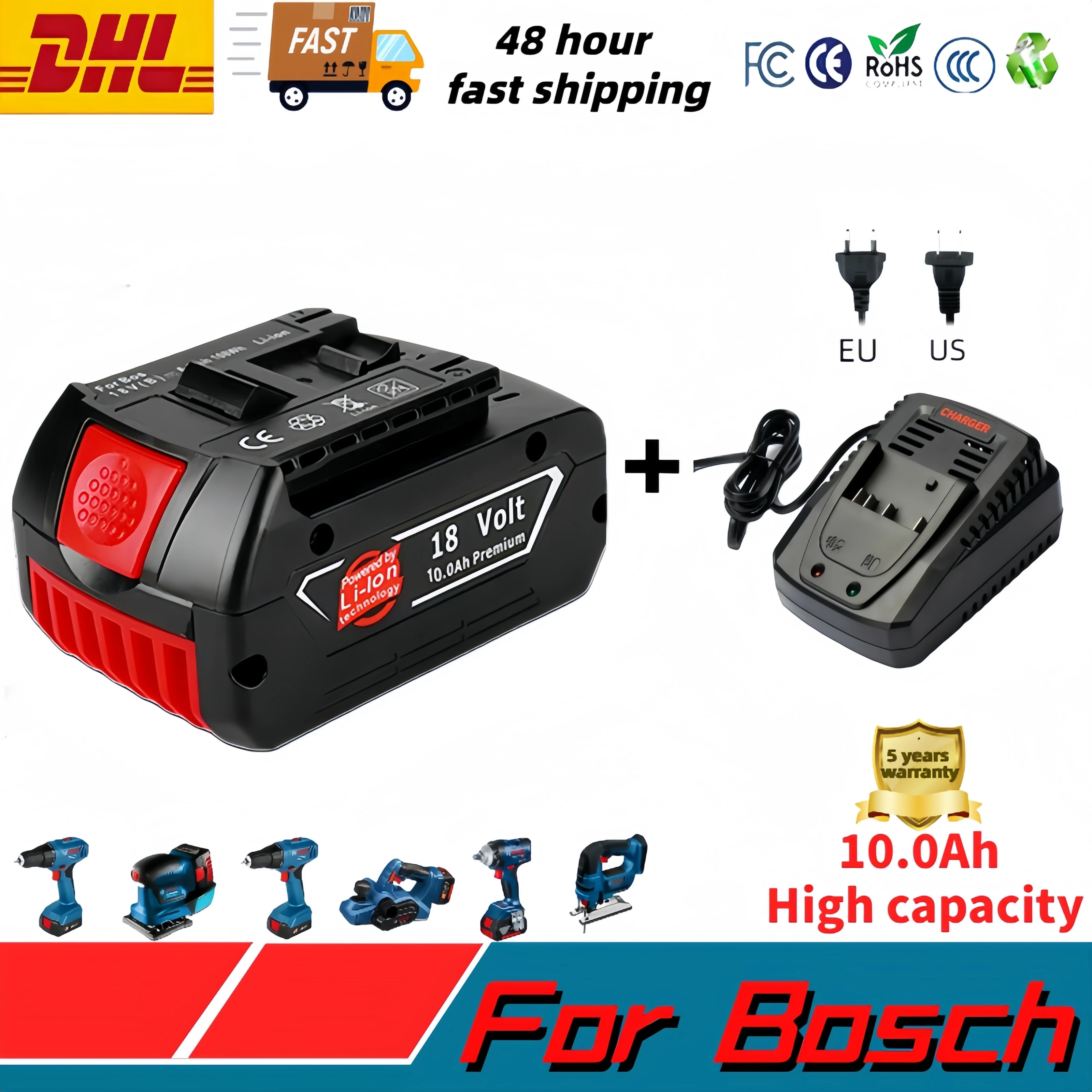 

BAT610G+AL1820CV for Bosch professional 18V 10.0AH Li-ion battery replacement with LED & for Bosch quick charger 14.4V-18V