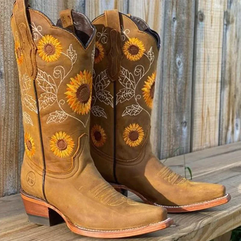 Bottes cowboy femme marron café broderie - Cuir PU imprimé style western profond V casual
