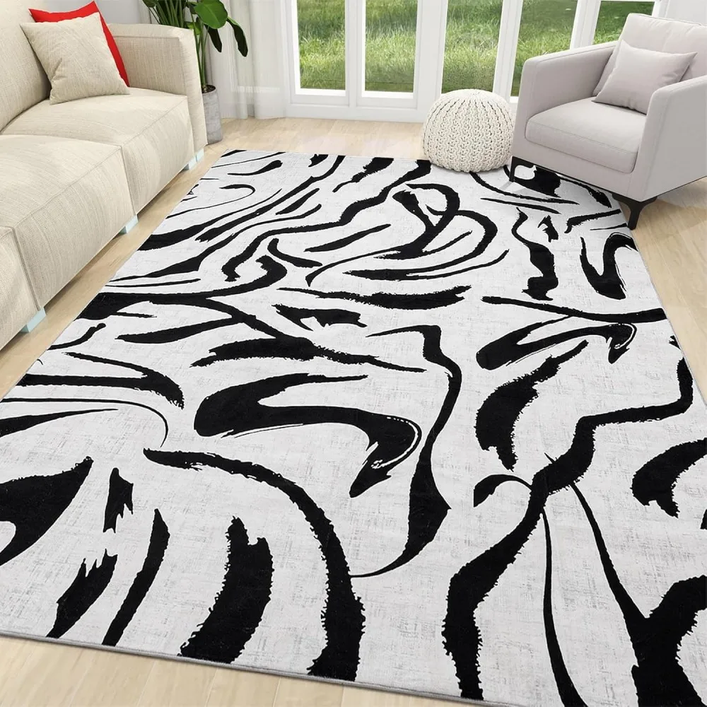 Modern Abstract Washable Rugs Non Slip Black and White Wave Carpet Geometric Striped  Area Rug for Living Room Office Floor Mat 2