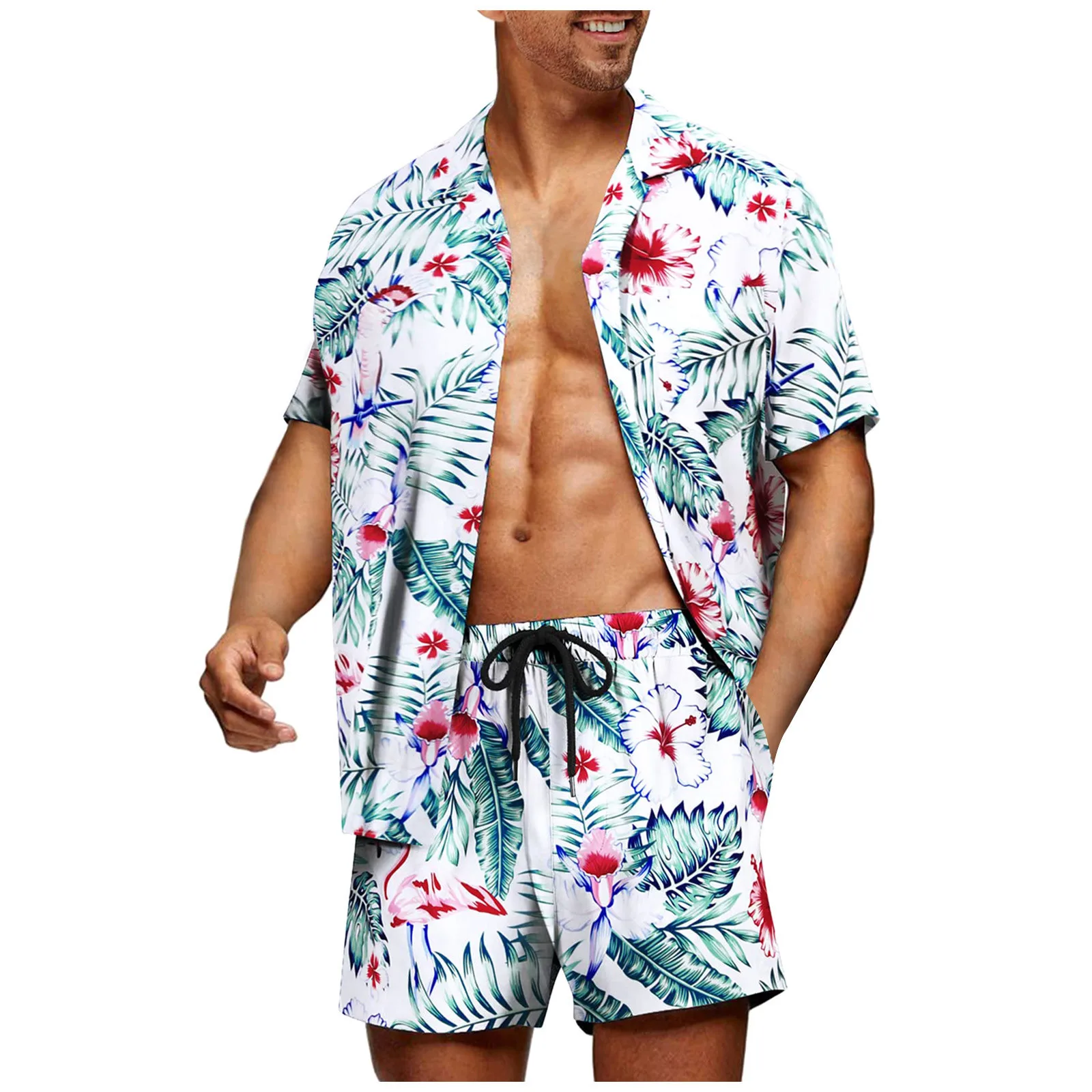 thumbnail image 1 of Conjuntos de camisas para hombre, estampado 3D, retazos, solapa, camisa informal de manga corta, pantalones cortos de playa de gran tamaño, ropa de calle de verano, trajes hawaianos, 1 of 5