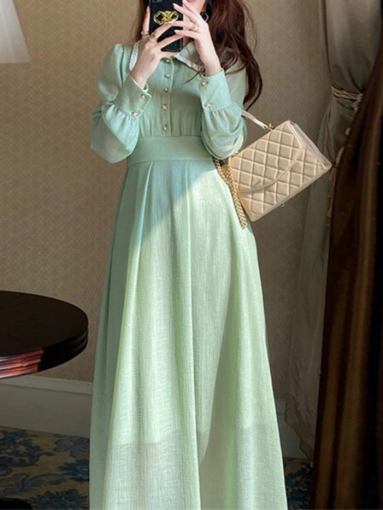 

Tea Break French Style Long Sleeved Elegant Light Luxury Dress Women Scarf Collar Button Patchwork Waist Slim Thin Green Dresses