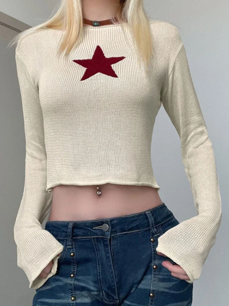 

Japanese Gothic Star Print Crewneck Sweaters Knitted Women Aesthetic Slim Long Sleeve Jumpers Vintage Grunge Cropped Pullovers
