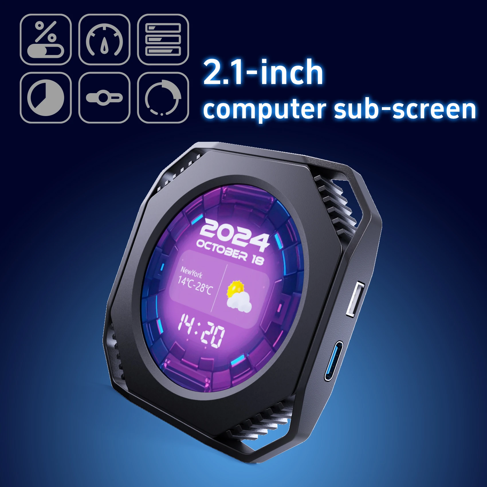 Mirabox DR21 Type C Secondary Screen 2.1 Inch For Computer CPU GPU RAM HDD Display Multi-Theme USB Monitor PC Accessories