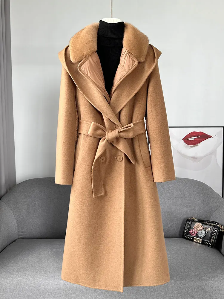 

2022 New Winter Goose Down Coat with Mink Fur Collar Hoody Women Warm Cashmere Wool Clothing Long Belt Fashion High Quality