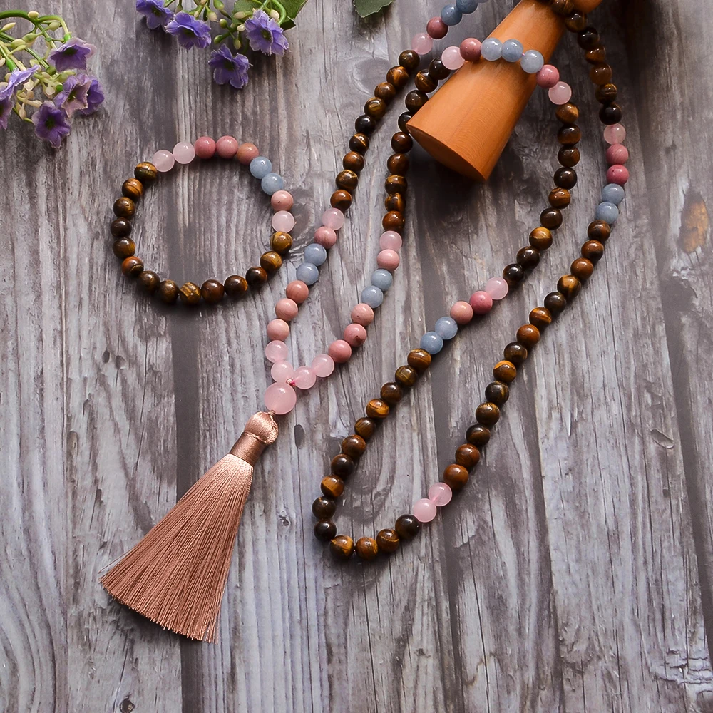 8Mm Geel Tiger Eye Rose Quartz Aquamarijn Kralen 108 Mala Ketting Meditatie Gebed Sieraden Japamala Set Rozenkrans Voor Vrouwen