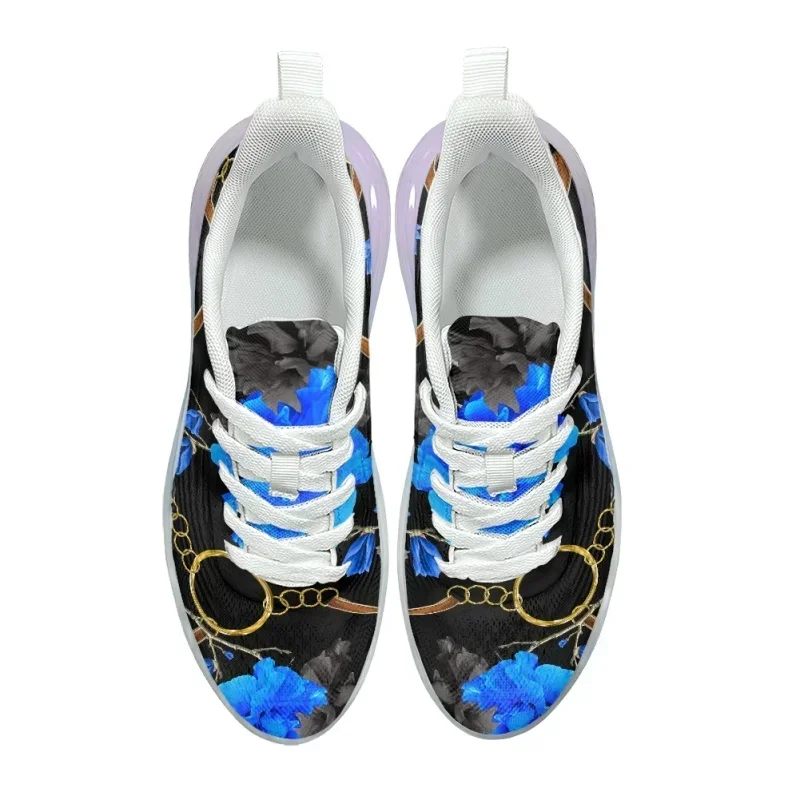 Blue Flower Gold Chain Pattern Women AF Cushion Black Shoes  Female Vulcanized Flat Party Club Dropshipping