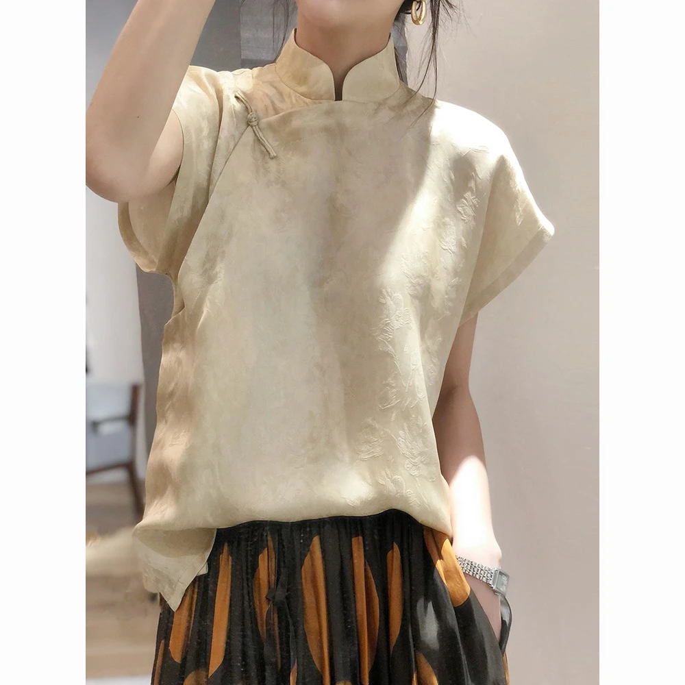 2023 chinese style linen jacquard qipao collar champagne color elegant short sleeves blouse for women girl